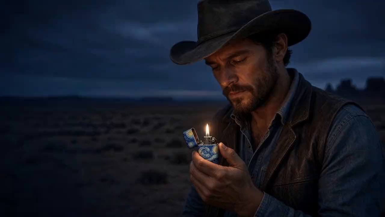 KI-generierte Szene: Ein Cowboy zündet in der Abenddämmerung ein Feuerzeug mit Sternennacht-Kunsthülle an