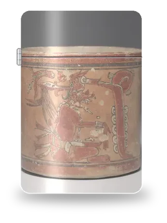 Vase cylindrique aux divinités (style Chamá) de Amériques anciennes · Maya – boîtier d’art pour insert de briquet
